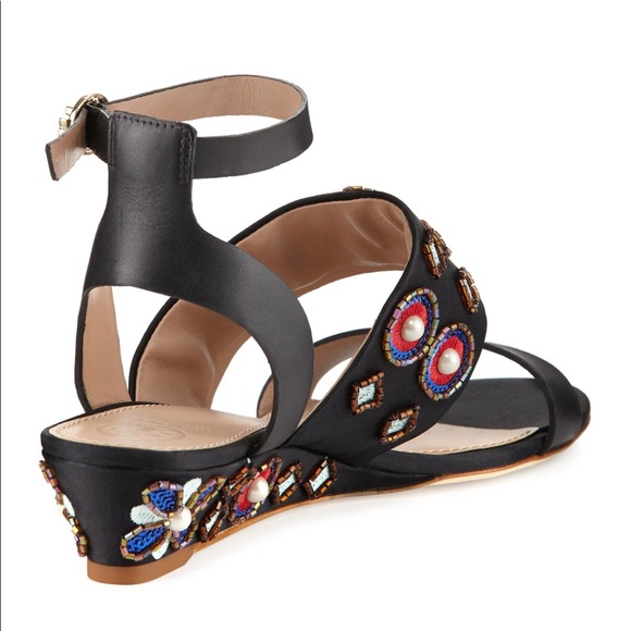 Tory Burch Estella Crystal Embellished Leather Wedge Sandals - Picture 3 of 5